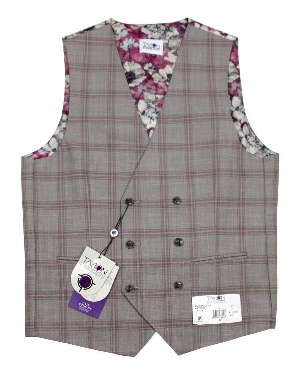 Tayion Suit Vest Mens Small Tan Plaid Double Breasted Stretch ASUSVR5C0221